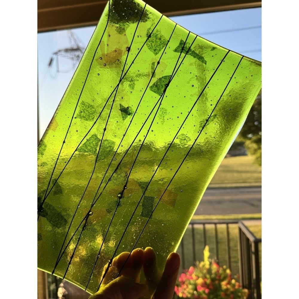 Contemporary Studio Art Glass Platter Green Dichroic Style Stringer Tray